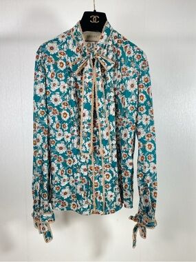 🚩steal Gucci Teal Floral Bow Blouse with Neck Tie